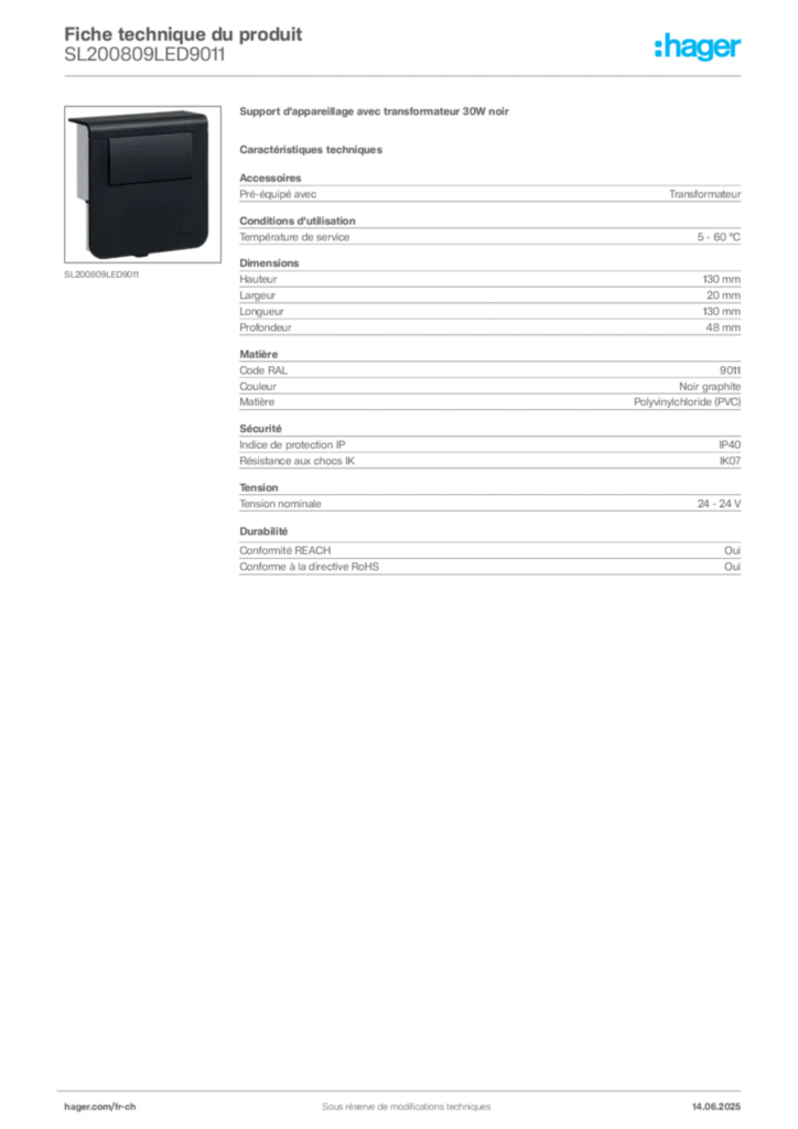 Image Hager Fiche technique du produit SL200809LED9011 | Hager Suisse