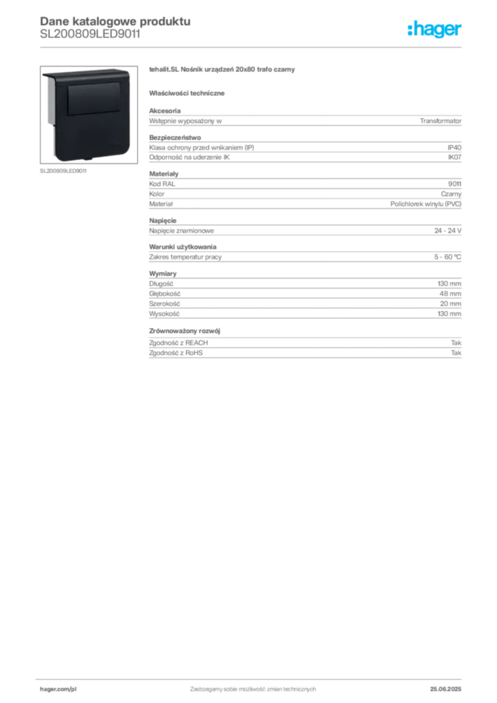 Zdjęcie Hager Dane katalogowe produktu SL200809LED9011 | Hager Polska