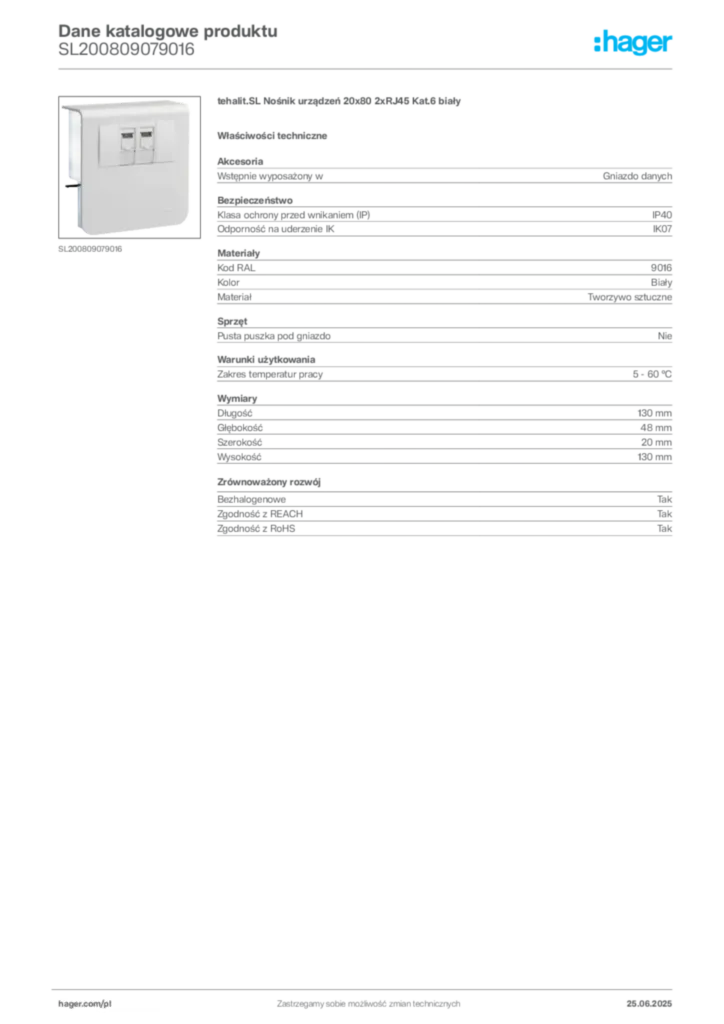 Zdjęcie Hager Dane katalogowe produktu SL200809079016 | Hager Polska