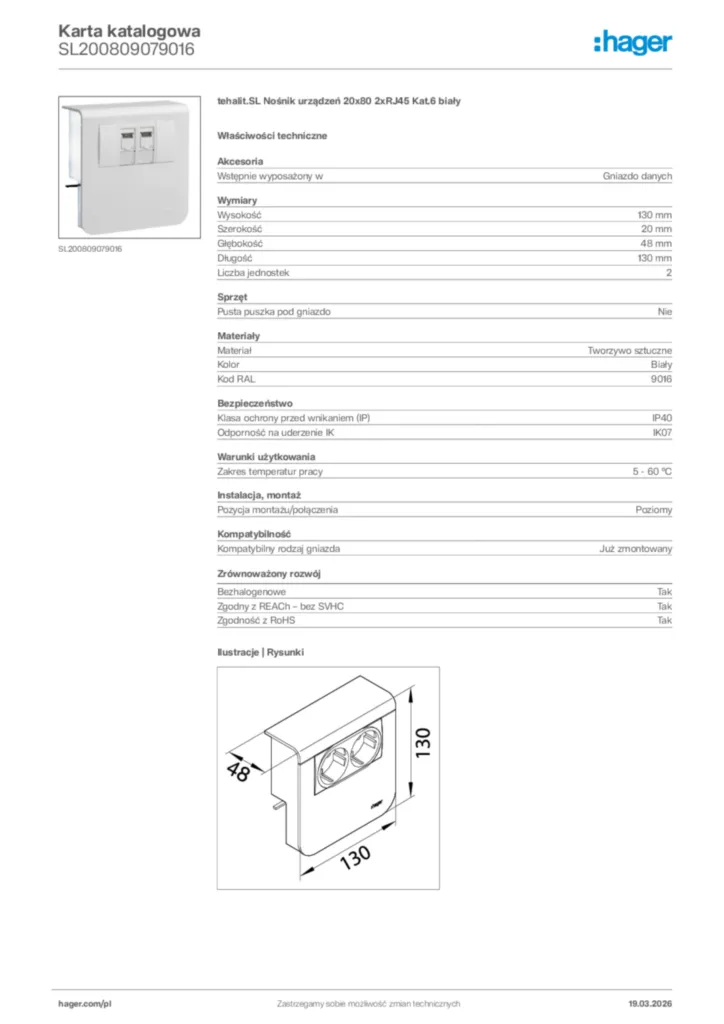 Zdjęcie Hager Karta katalogowa SL200809079016 | Hager Polska