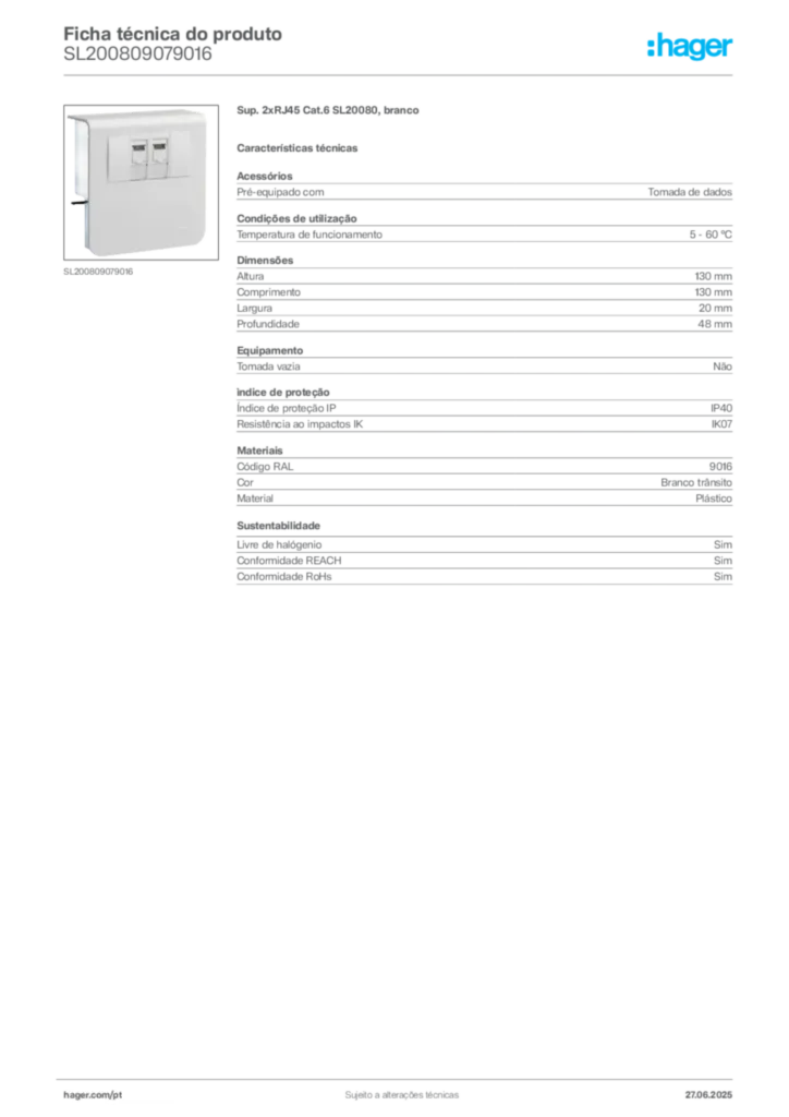 Imagem Hager Ficha técnica do produto SL200809079016 | Hager Portugal
