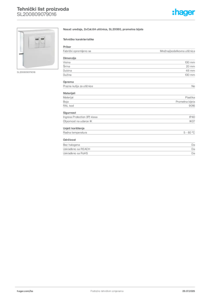 Slika Hager Product data sheet SL200809079016  | Hager