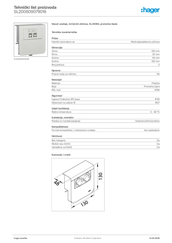 Slika Hager Tehnički list proizvoda SL200809079016  | Hager