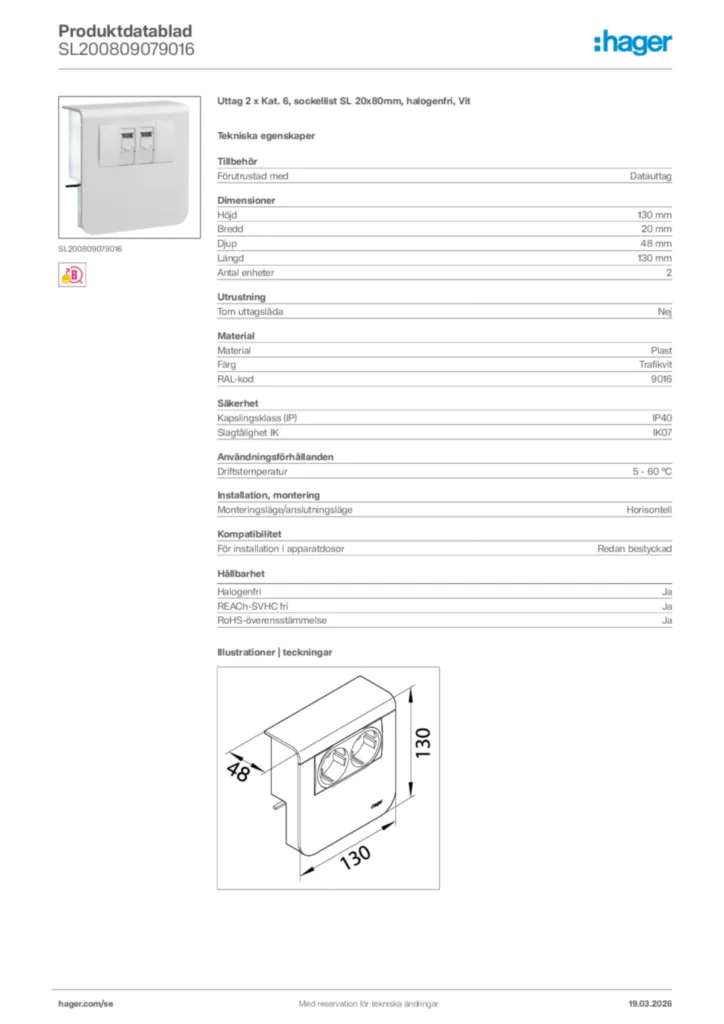 Bild Hager Produktdatablad SL200809079016 | Hager Sverige