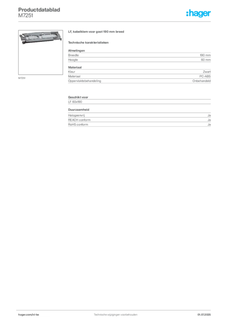 Afbeelding Hager Productdatablad M7251 | Hager Belgium