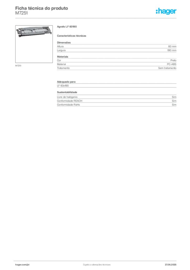Imagem Hager Ficha técnica do produto M7251 | Hager Portugal
