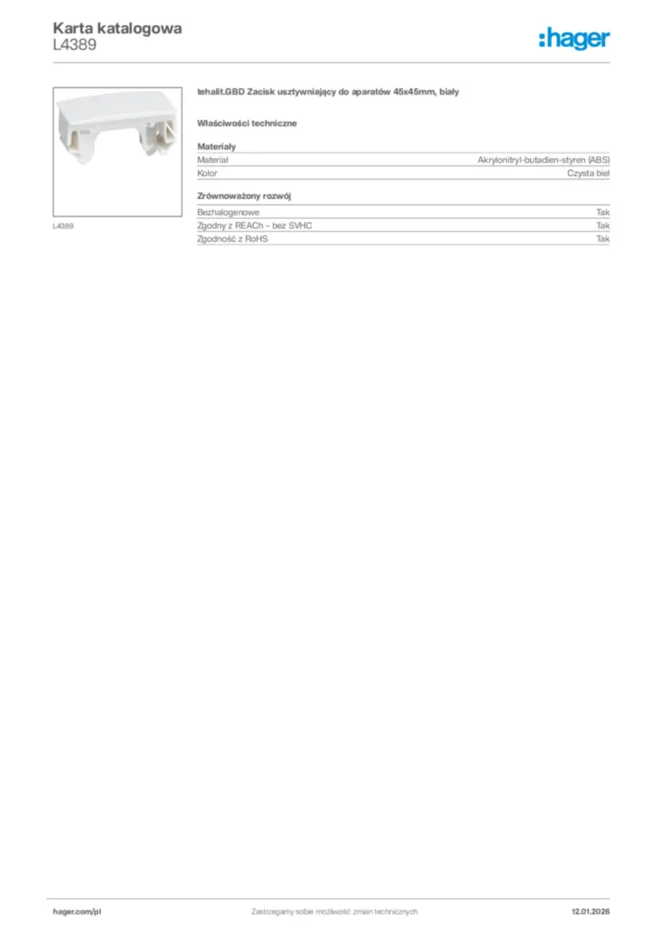 Zdjęcie Hager Karta katalogowa L4389 | Hager Polska