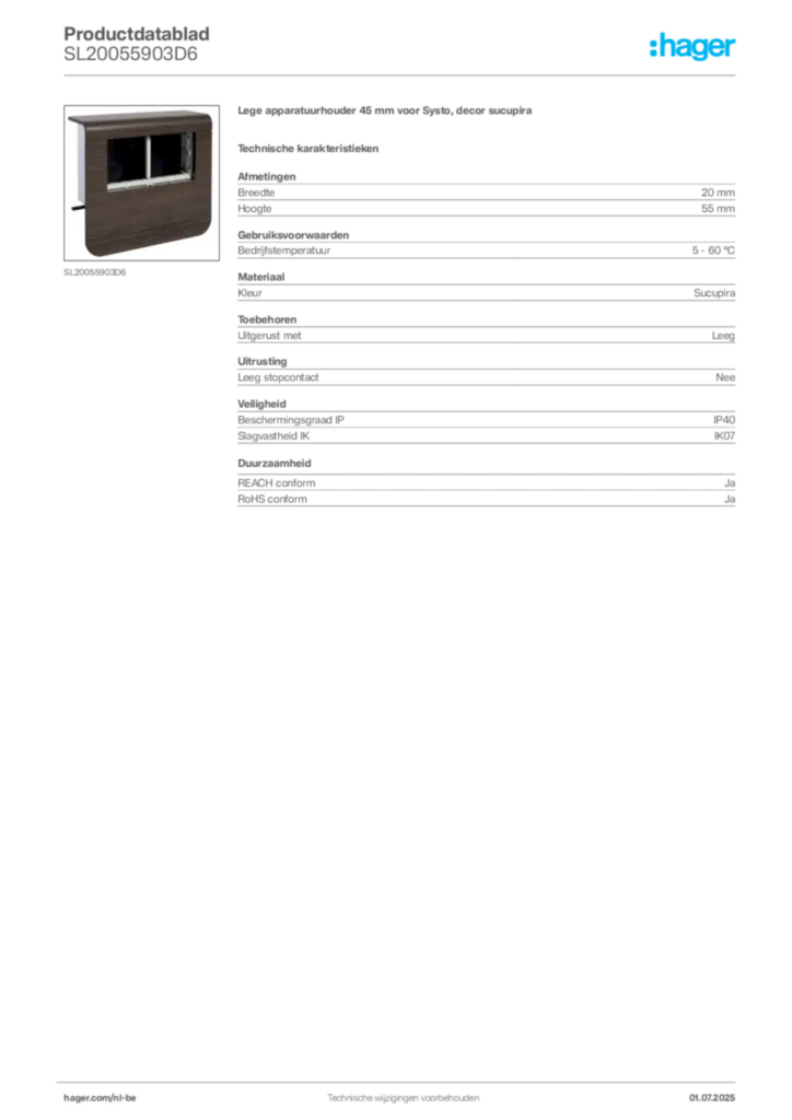 Afbeelding Hager Productdatablad SL20055903D6 | Hager Belgium