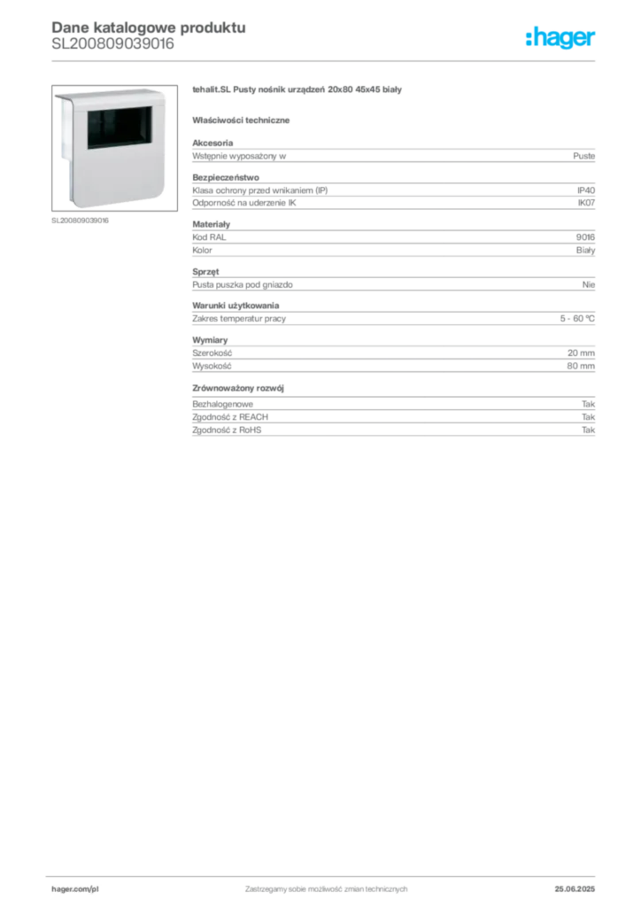 Zdjęcie Hager Dane katalogowe produktu SL200809039016 | Hager Polska