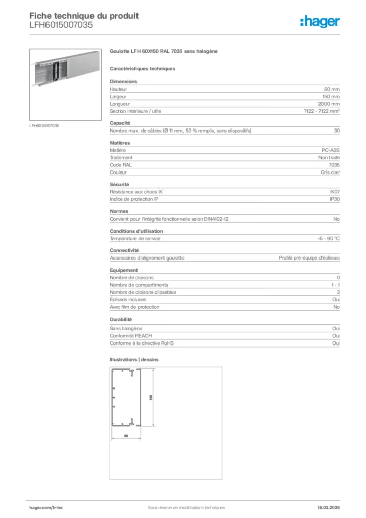 Image Hager Fiche technique du produit LFH6015007035 | Hager Belgique