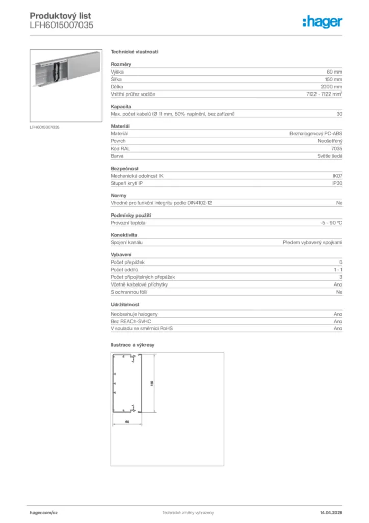 Obrázek Hager Product data sheet LFH6015007035 | Hager