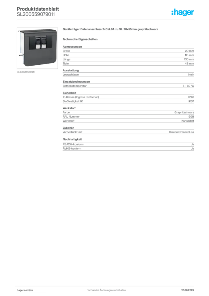 Hager Produktdatenblatt SL200559079011