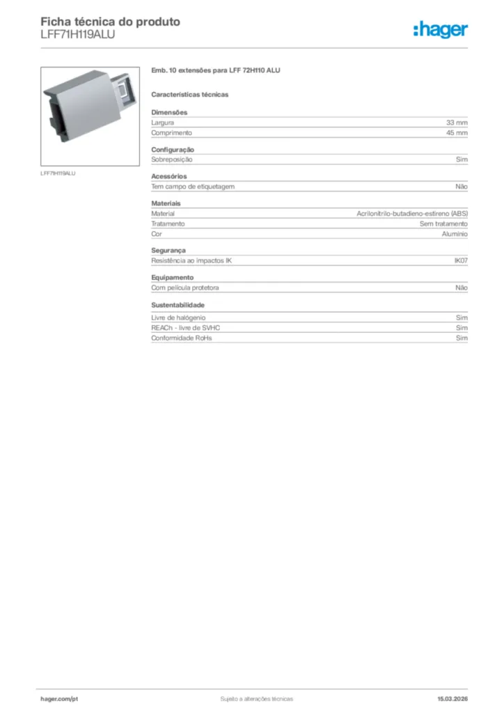 Imagem Hager Ficha técnica do produto LFF71H119ALU | Hager Portugal