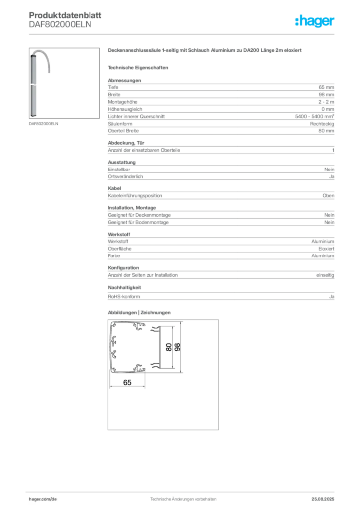 Bild Hager Produktdatenblatt DAF802000ELN | Hager Deutschland