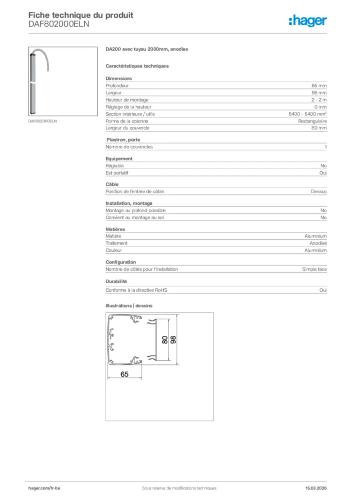 Image Hager Fiche technique du produit DAF802000ELN | Hager Belgique