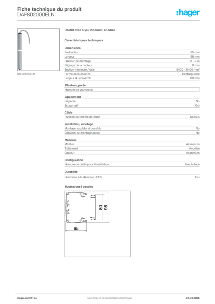 Image Hager Fiche technique du produit DAF802000ELN | Hager Belgique