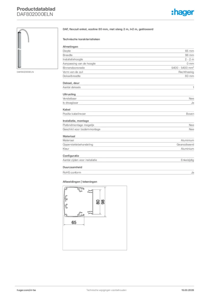 Afbeelding Hager Productdatablad DAF802000ELN | Hager Belgium