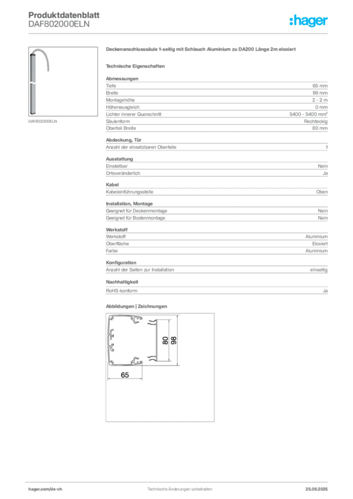 Bild Hager Produktdatenblatt DAF802000ELN | Hager Schweiz