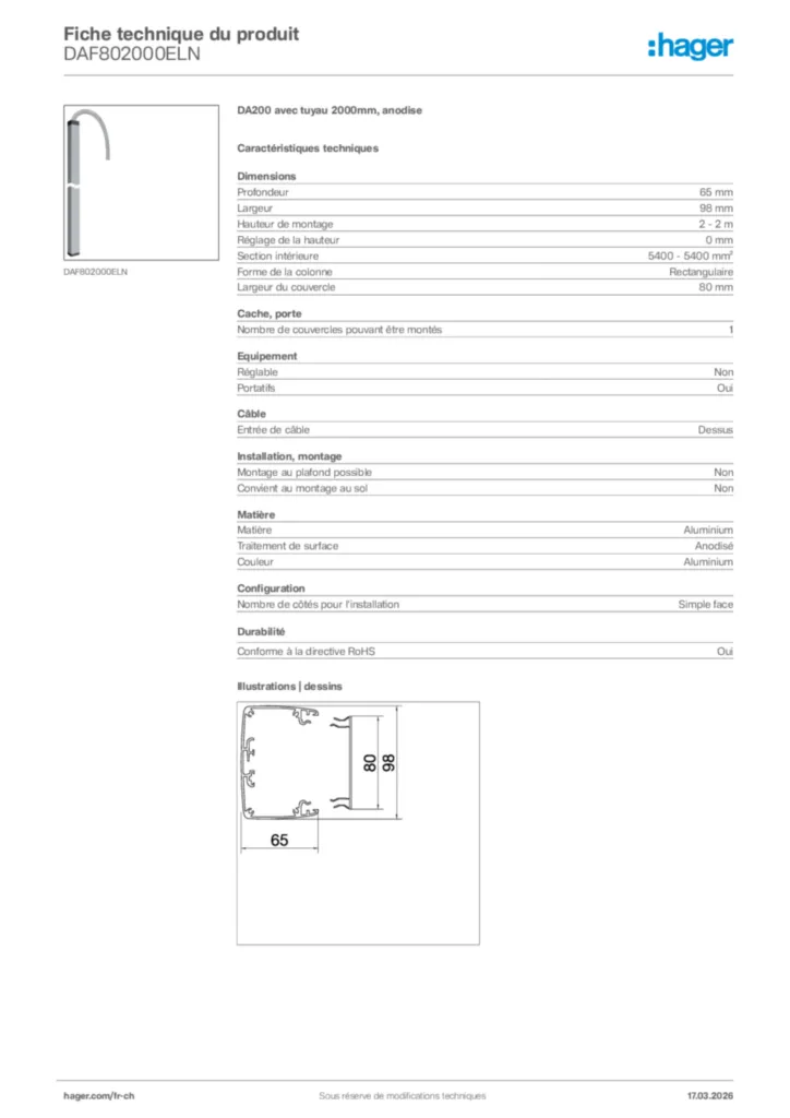 Image Hager Fiche technique du produit DAF802000ELN | Hager Suisse