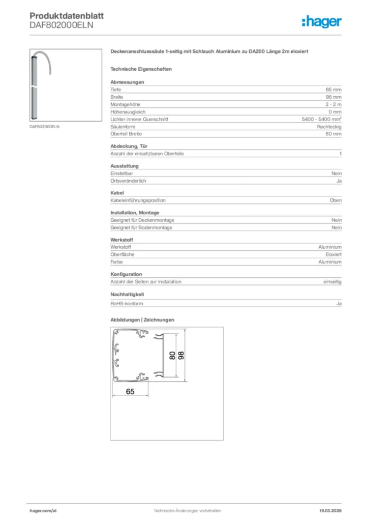 Bild Hager Produktdatenblatt DAF802000ELN | Hager Deutschland