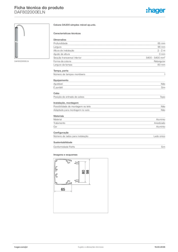 Imagem Hager Ficha técnica do produto DAF802000ELN | Hager Portugal