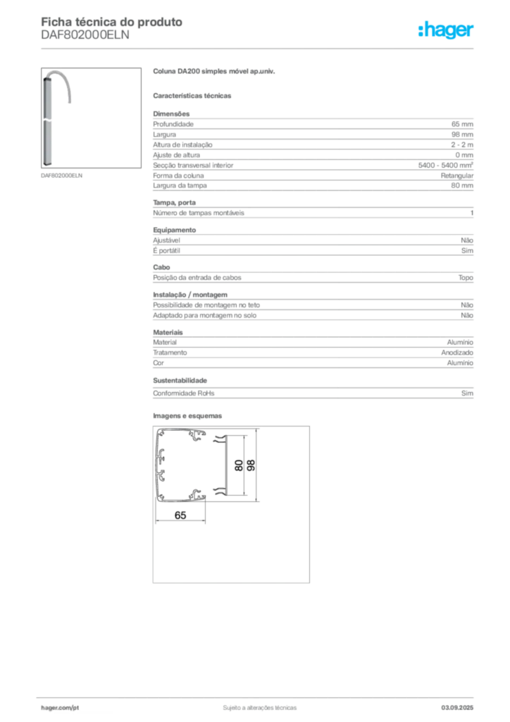 Imagem Hager Ficha técnica do produto DAF802000ELN | Hager Portugal