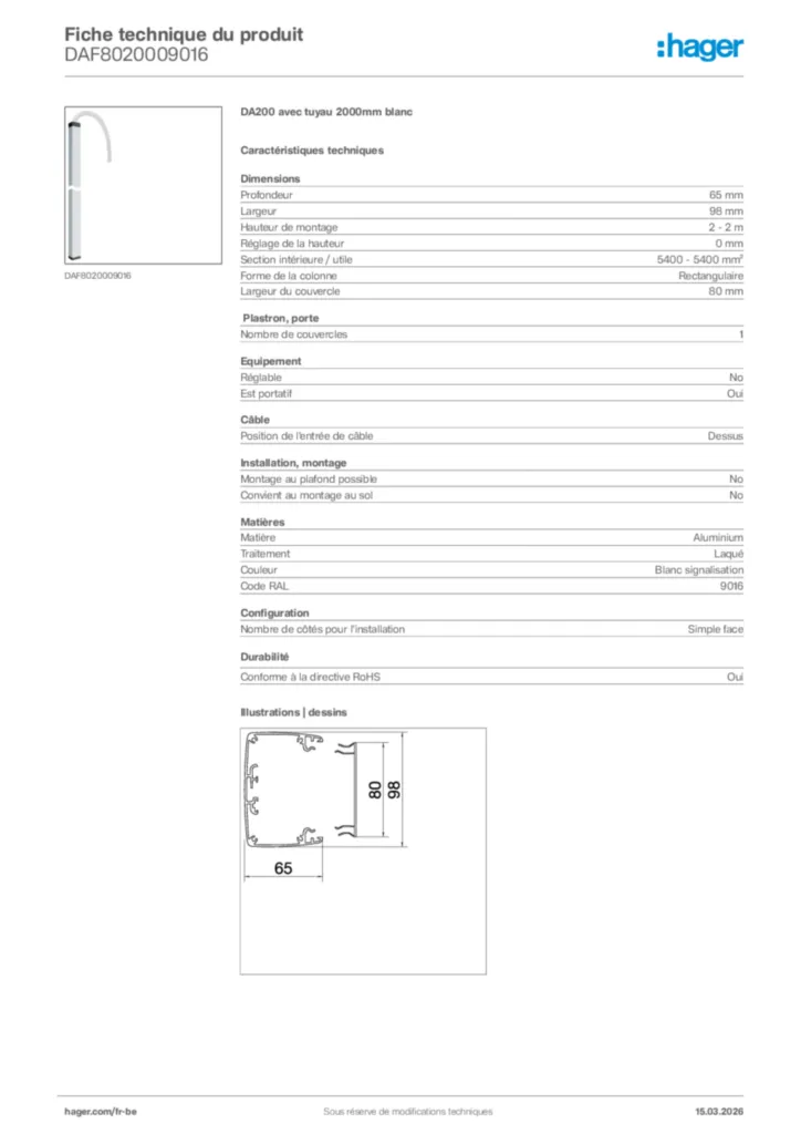 Image Hager Fiche technique du produit DAF8020009016 | Hager Belgique