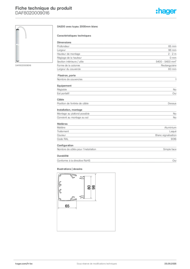 Image Hager Fiche technique du produit DAF8020009016 | Hager Belgique