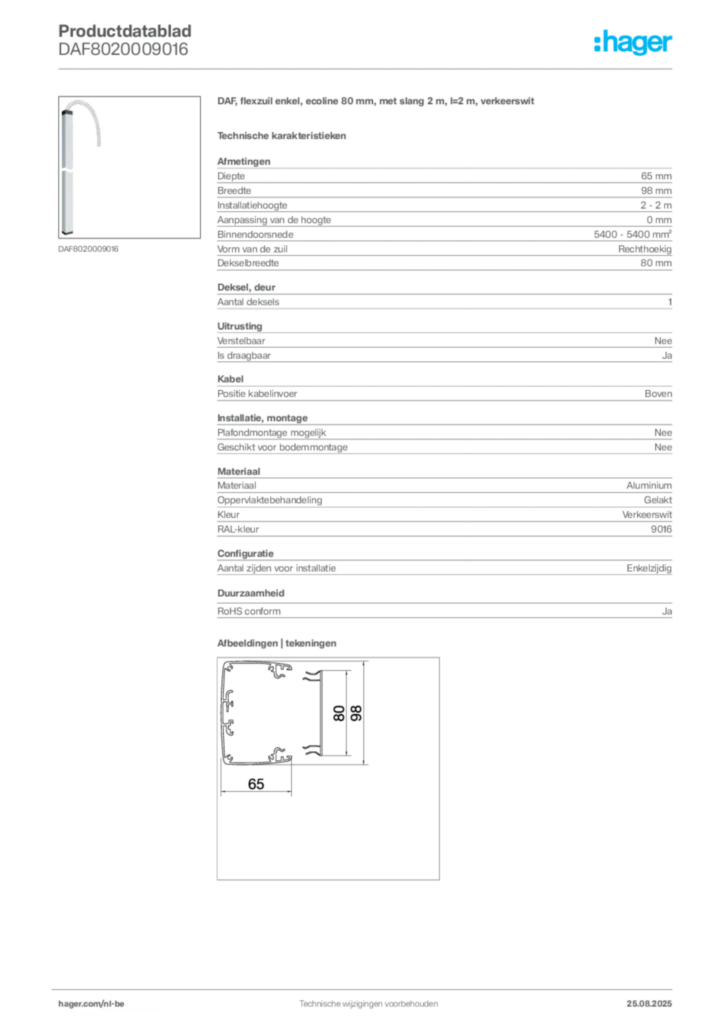 Afbeelding Hager Productdatablad DAF8020009016 | Hager Belgium