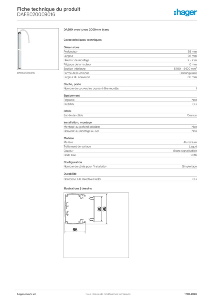 Image Hager Fiche technique du produit DAF8020009016 | Hager Suisse