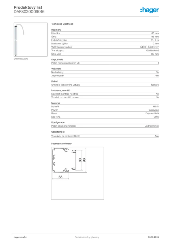 Obrázek Hager Product data sheet DAF8020009016 | Hager