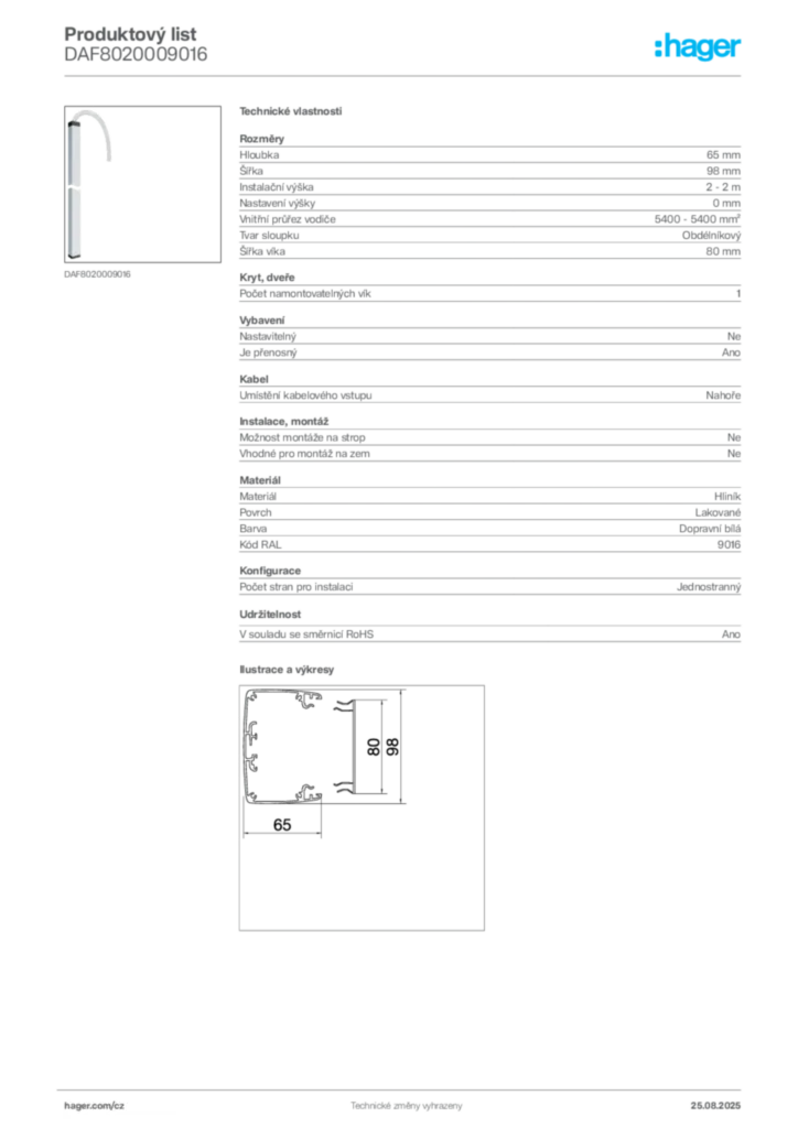 Obrázek Hager Produktový list DAF8020009016 | Hager