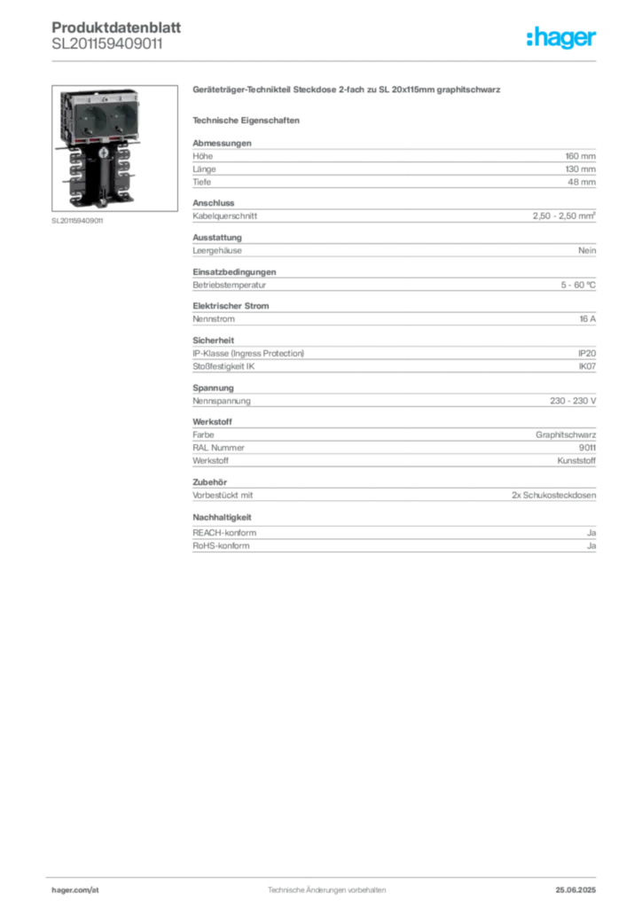 Bild Hager Produktdatenblatt SL201159409011 | Hager Deutschland