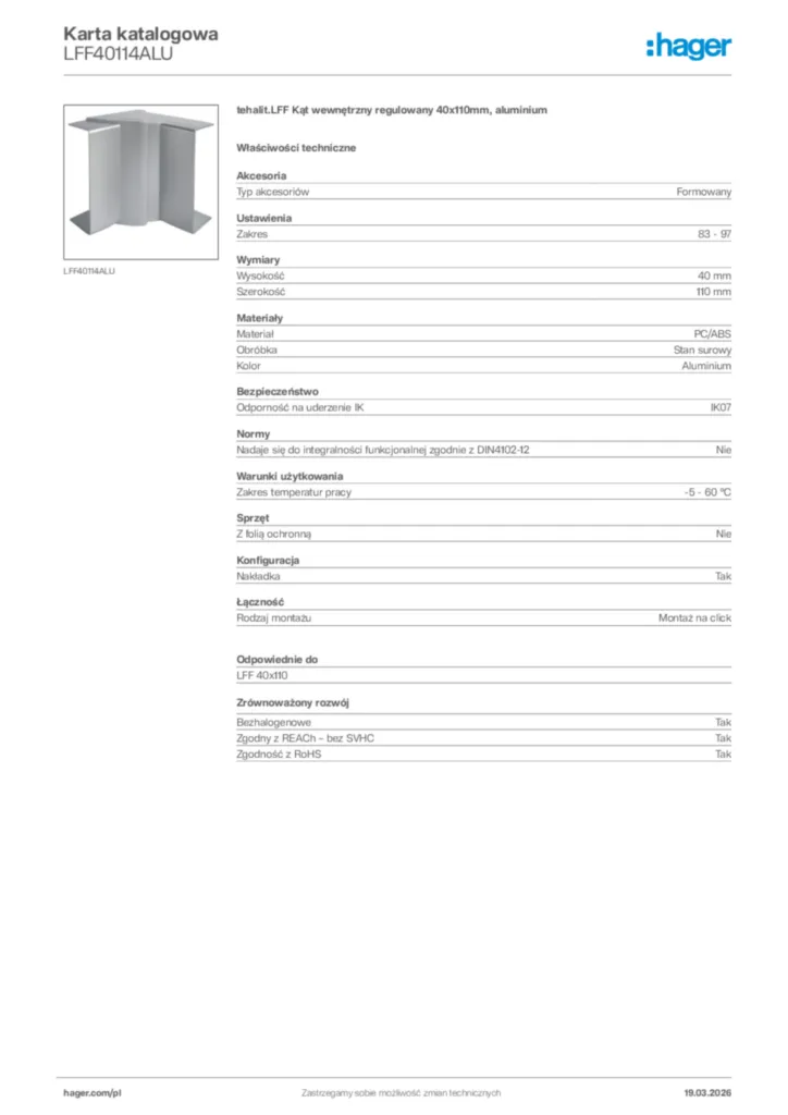 Zdjęcie Hager Karta katalogowa LFF40114ALU | Hager Polska