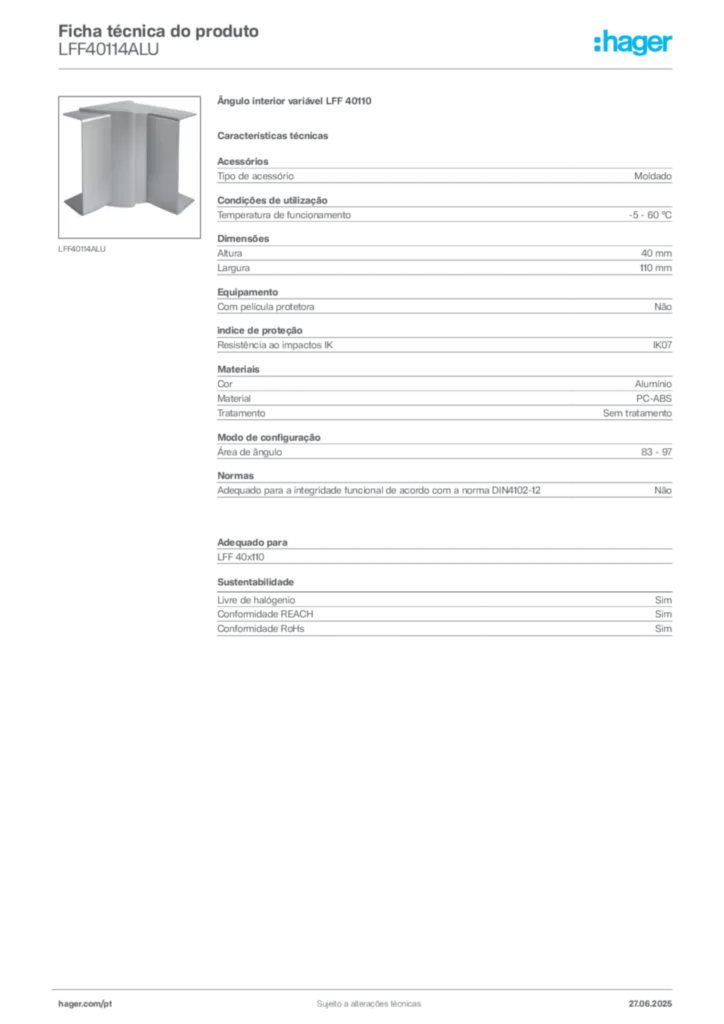 Imagem Hager Ficha técnica do produto LFF40114ALU | Hager Portugal