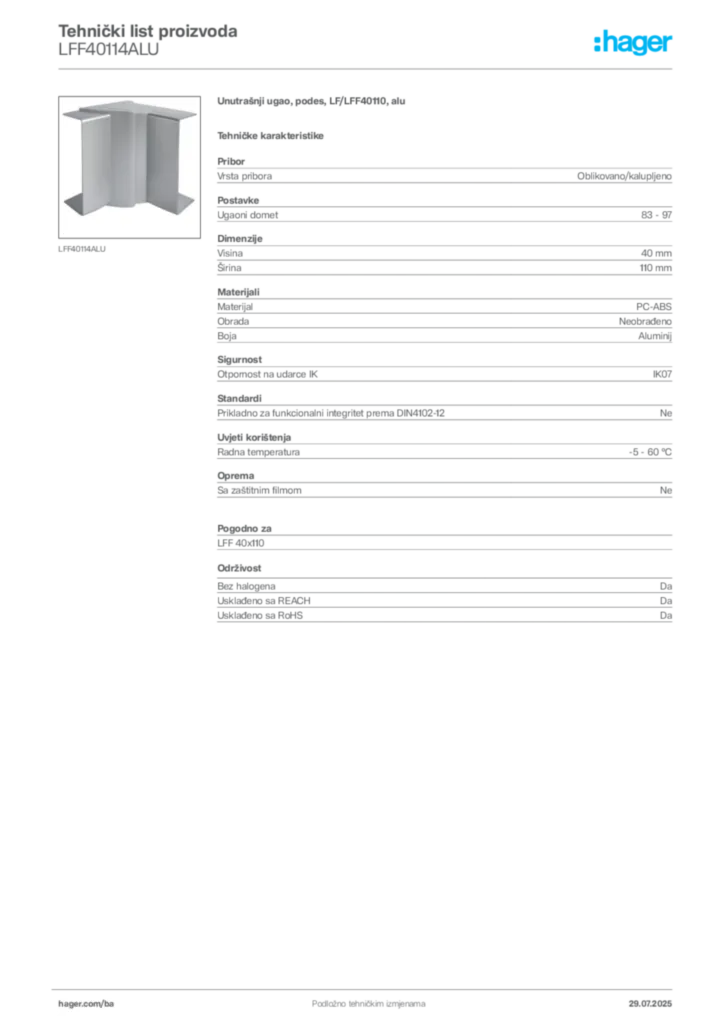 Slika Hager Product data sheet LFF40114ALU  | Hager