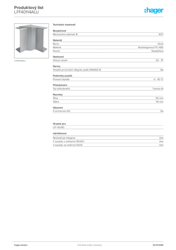 Obrázek Hager Produktový list LFF40114ALU | Hager