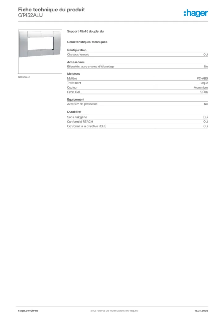 Image Hager Fiche technique du produit GT452ALU | Hager Belgique