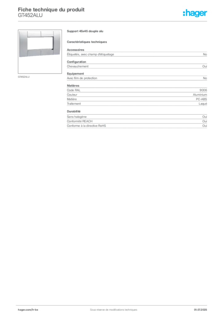 Image Hager Fiche technique du produit GT452ALU | Hager Belgique