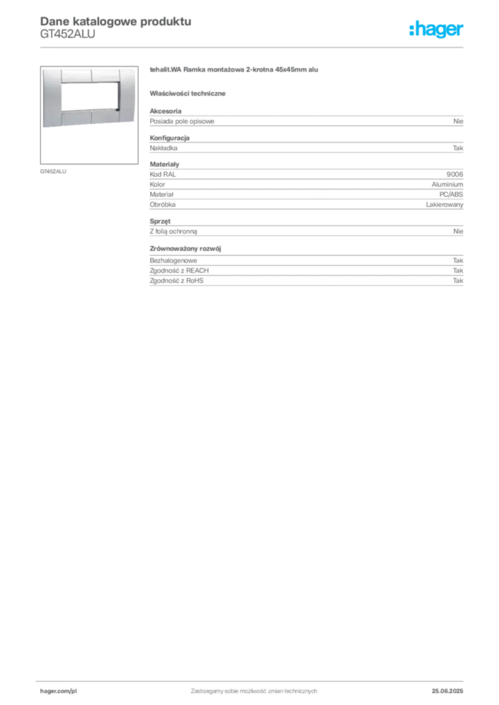 Zdjęcie Hager Dane katalogowe produktu GT452ALU | Hager Polska
