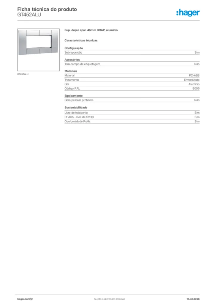 Imagem Hager Ficha técnica do produto GT452ALU | Hager Portugal