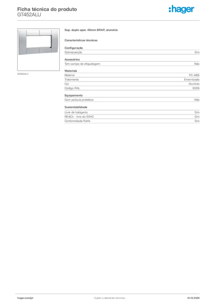 Imagem Hager Ficha técnica do produto GT452ALU | Hager Portugal