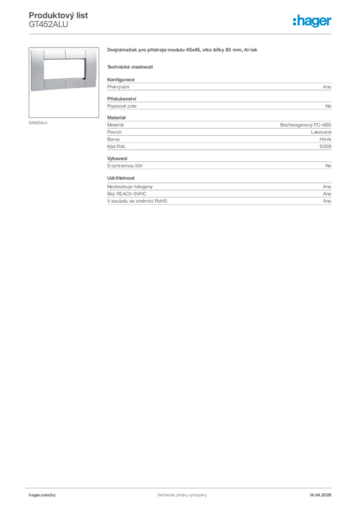 Obrázek Hager Product data sheet GT452ALU | Hager