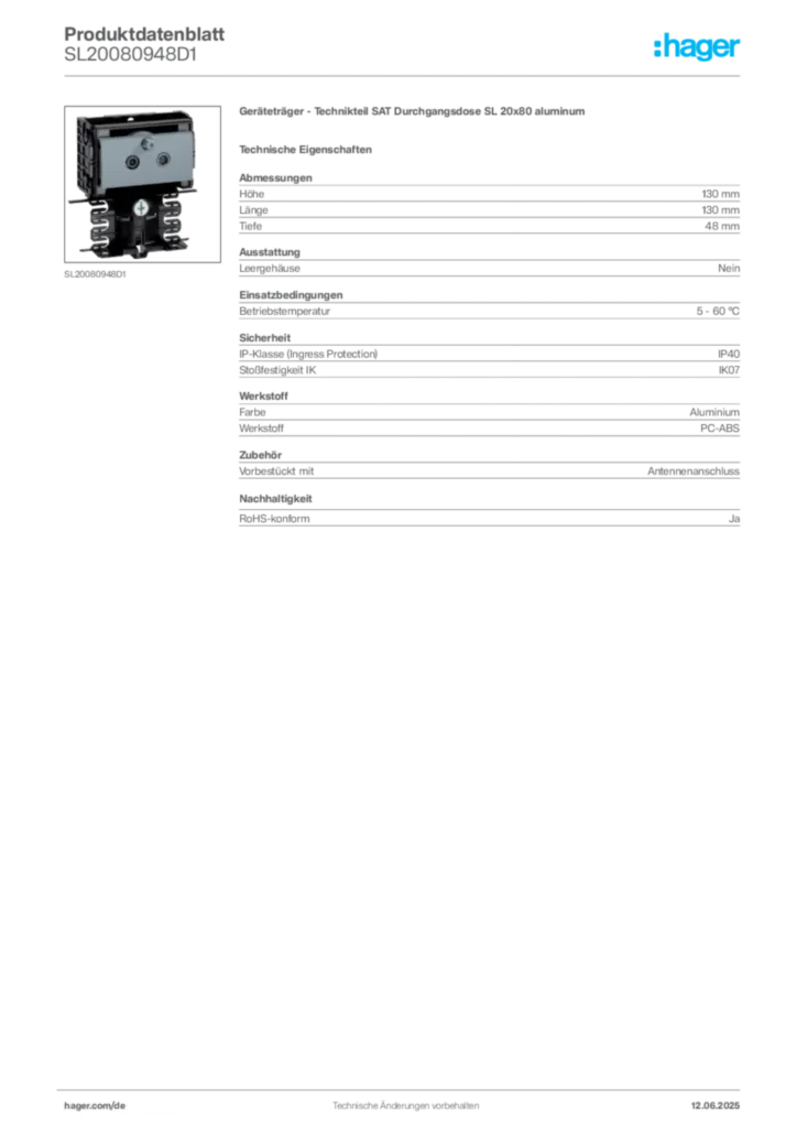 Bild Hager Produktdatenblatt SL20080948D1 | Hager Deutschland