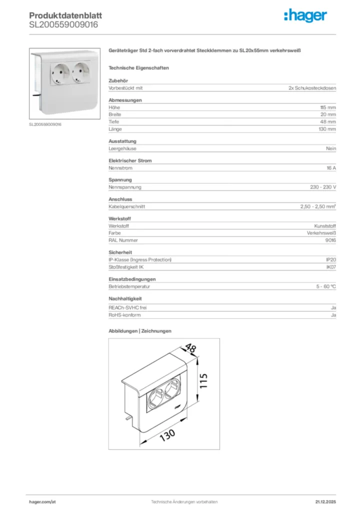 Bild Hager Produktdatenblatt SL200559009016 | Hager Deutschland