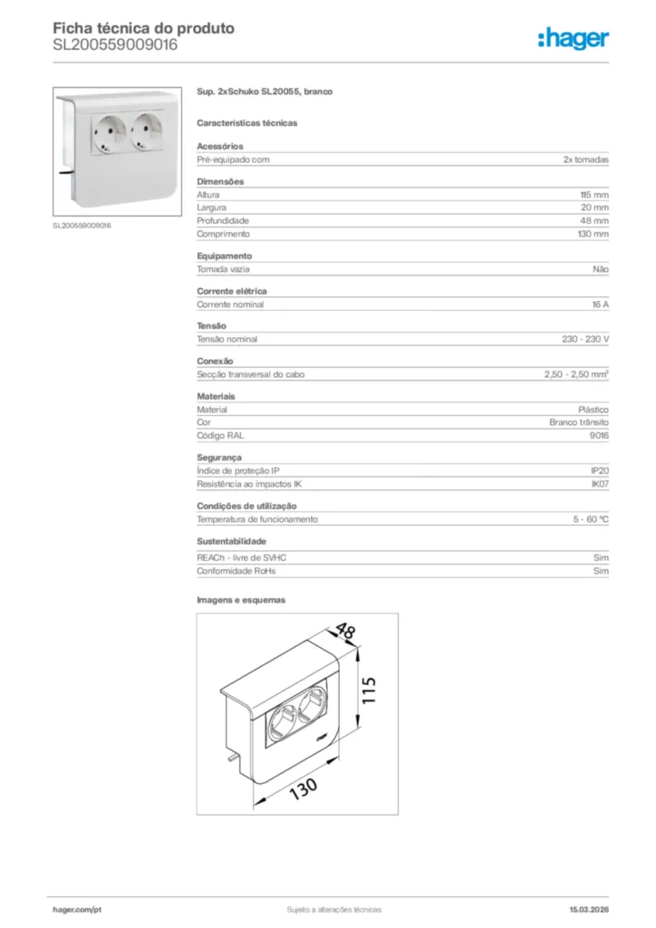 Imagem Hager Ficha técnica do produto SL200559009016 | Hager Portugal