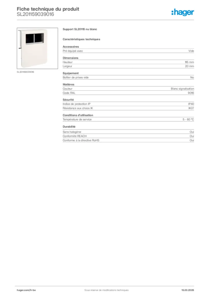 Image Hager Fiche technique du produit SL201159039016 | Hager Belgique