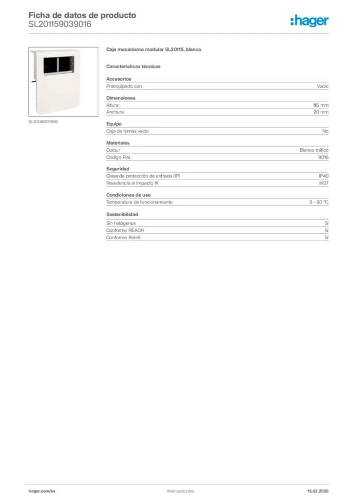 Imagen Hager Ficha de datos de producto SL201159039016 | Hager España