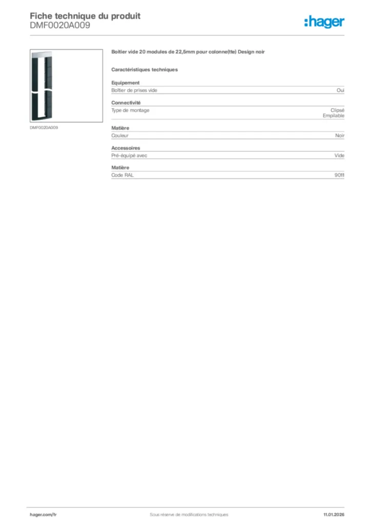 Image Hager Fiche technique du produit DMF0020A009 | Hager France