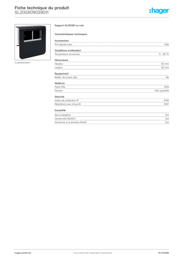 Image Hager Fiche technique du produit SL200809039011 | Hager Belgique
